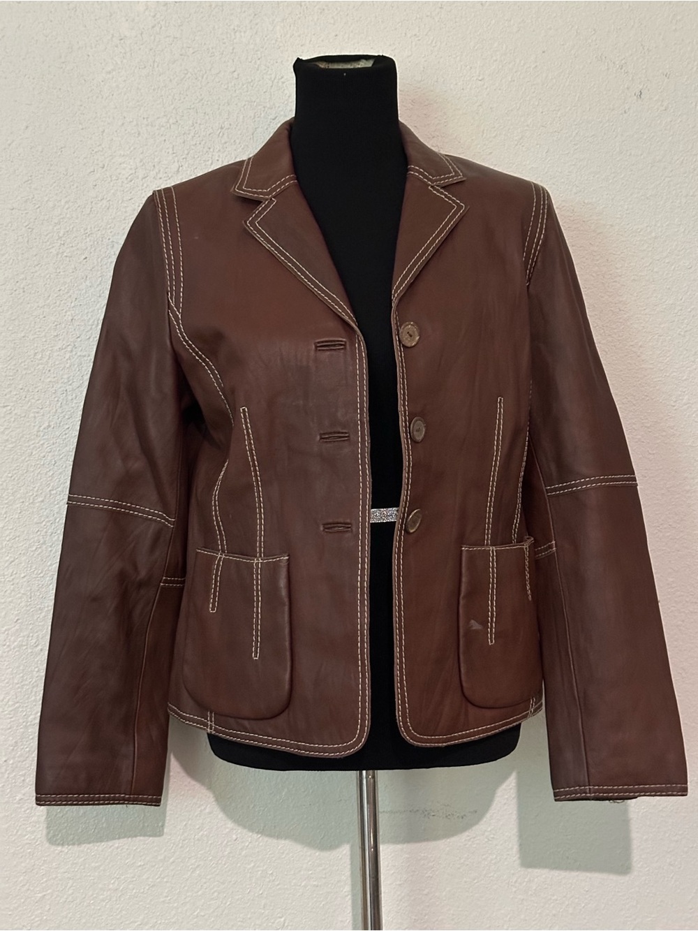 Women's Brown Leather Blazer Jacket with Contrast Stitching